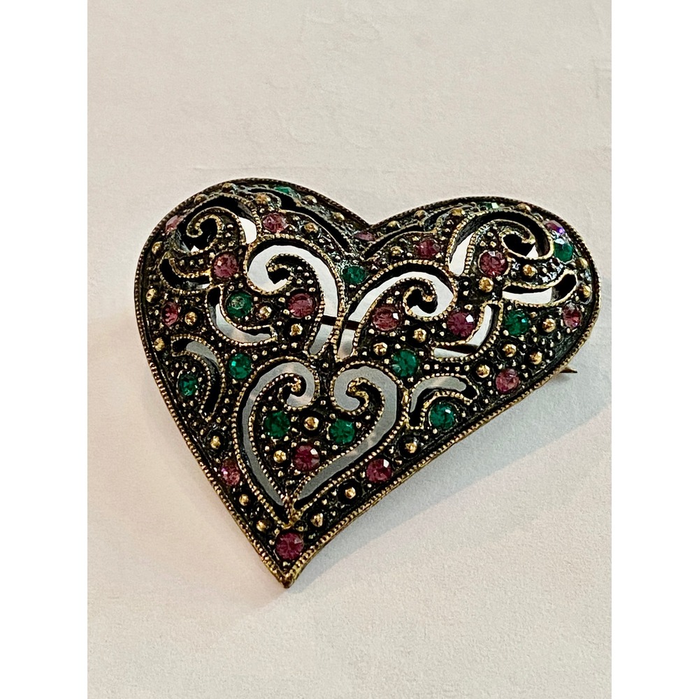 Vintage 1928 Jewelry Co Filigree Heart Brooch Pink Green Rhinestone Gold Tone